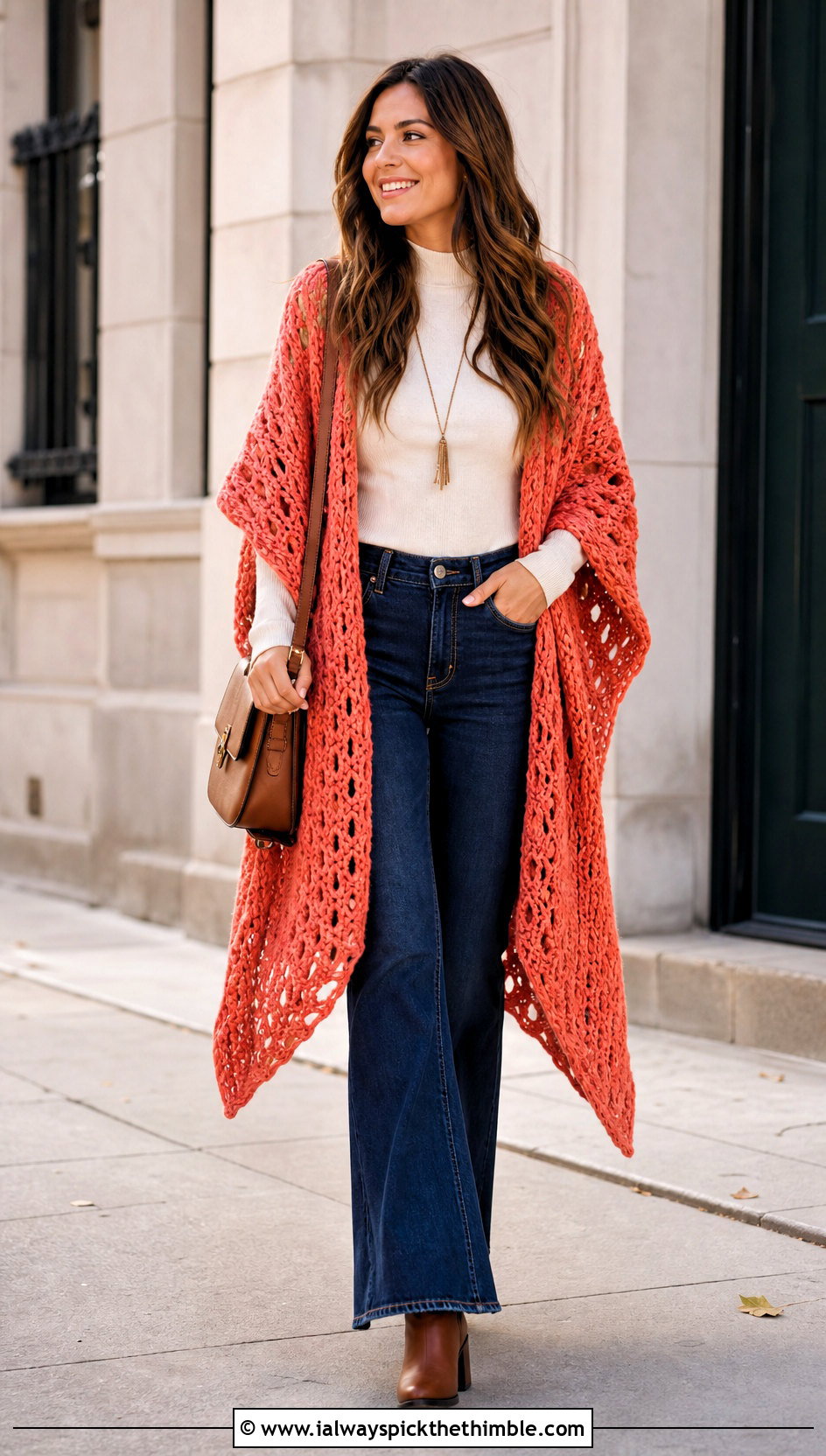 Open Front Ruana Chunky Yarn Crochet Poncho With Flared Jeans - 20 Chunky Yarn Crochet Poncho outfit ideas