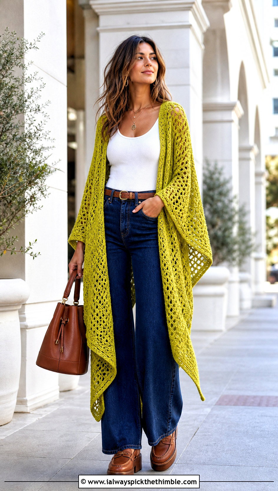 Open Front Ruana Crochet Boho Poncho With Wide Leg Jeans - 20 crochet boho poncho outfit ideas