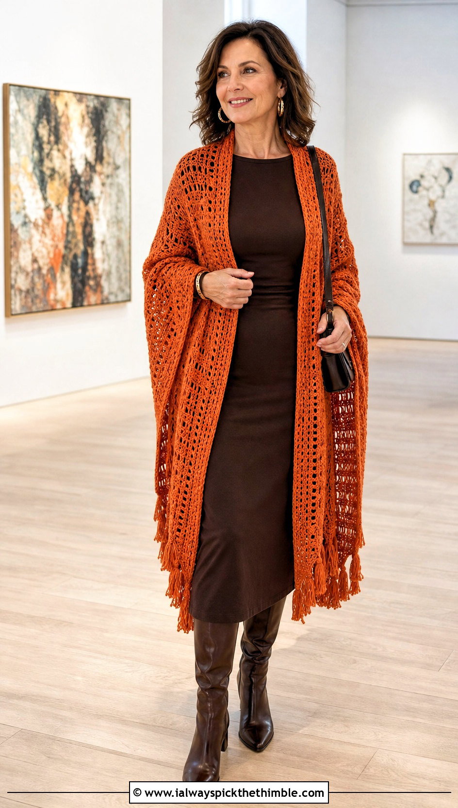 Open Front Ruana Crochet Poncho With A Column Dress - 20 Crochet For Poncho outfit ideas