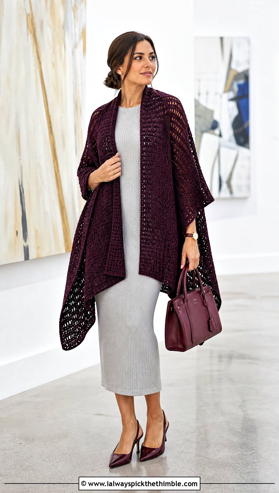 Open Front Ruana Crochet Poncho With Column Dress - 15 Quick Crochet Poncho outfit ideas