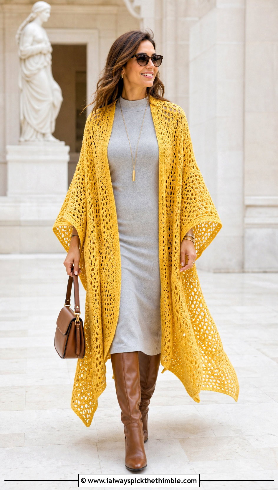 Open Front Ruana Crochet Poncho With Column Dress - 25 crochet poncho woman outfit ideas