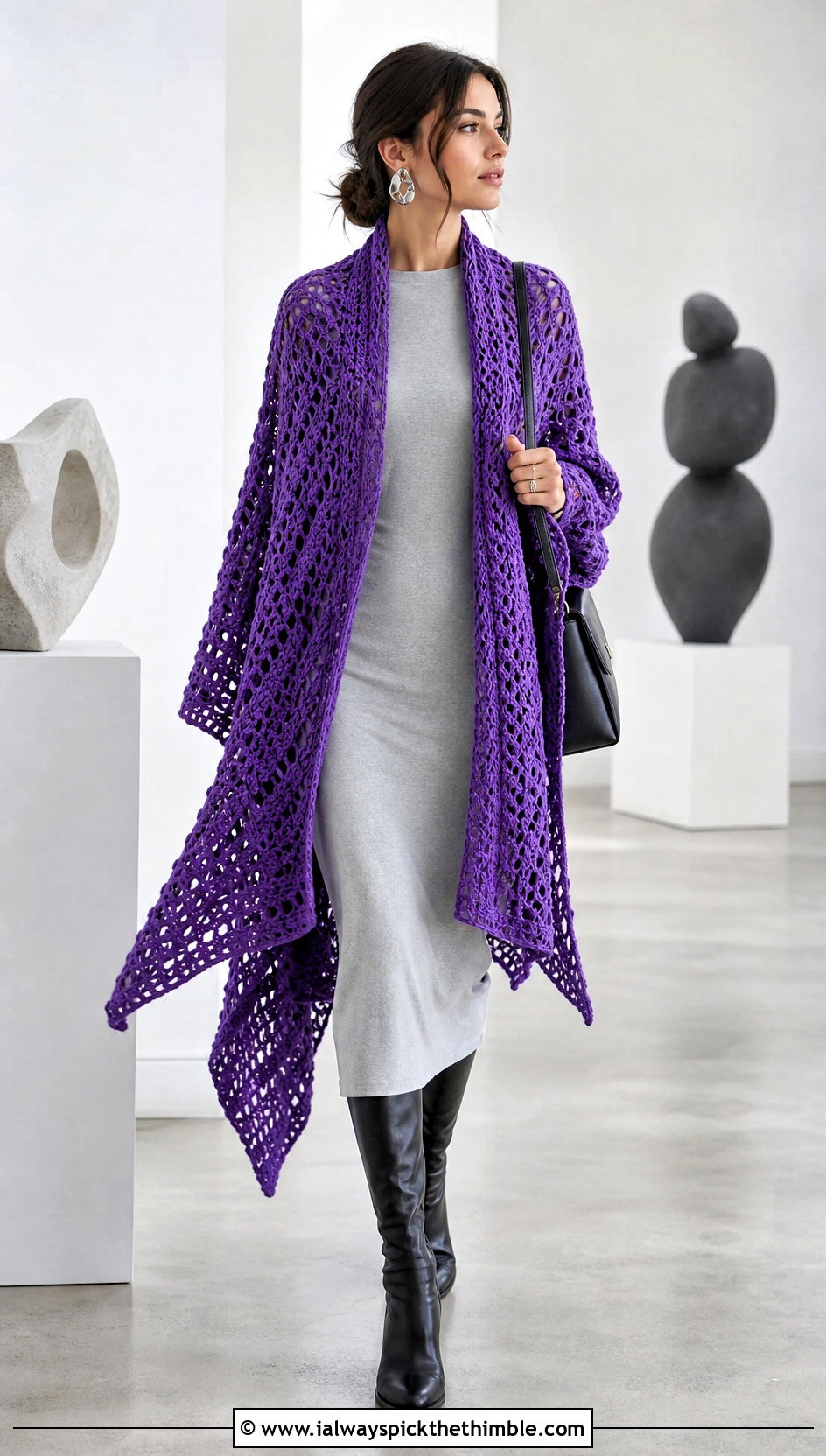 Open Front Ruana Crochet Poncho With Column Dress - 25 easy crochet poncho woman outfit ideas