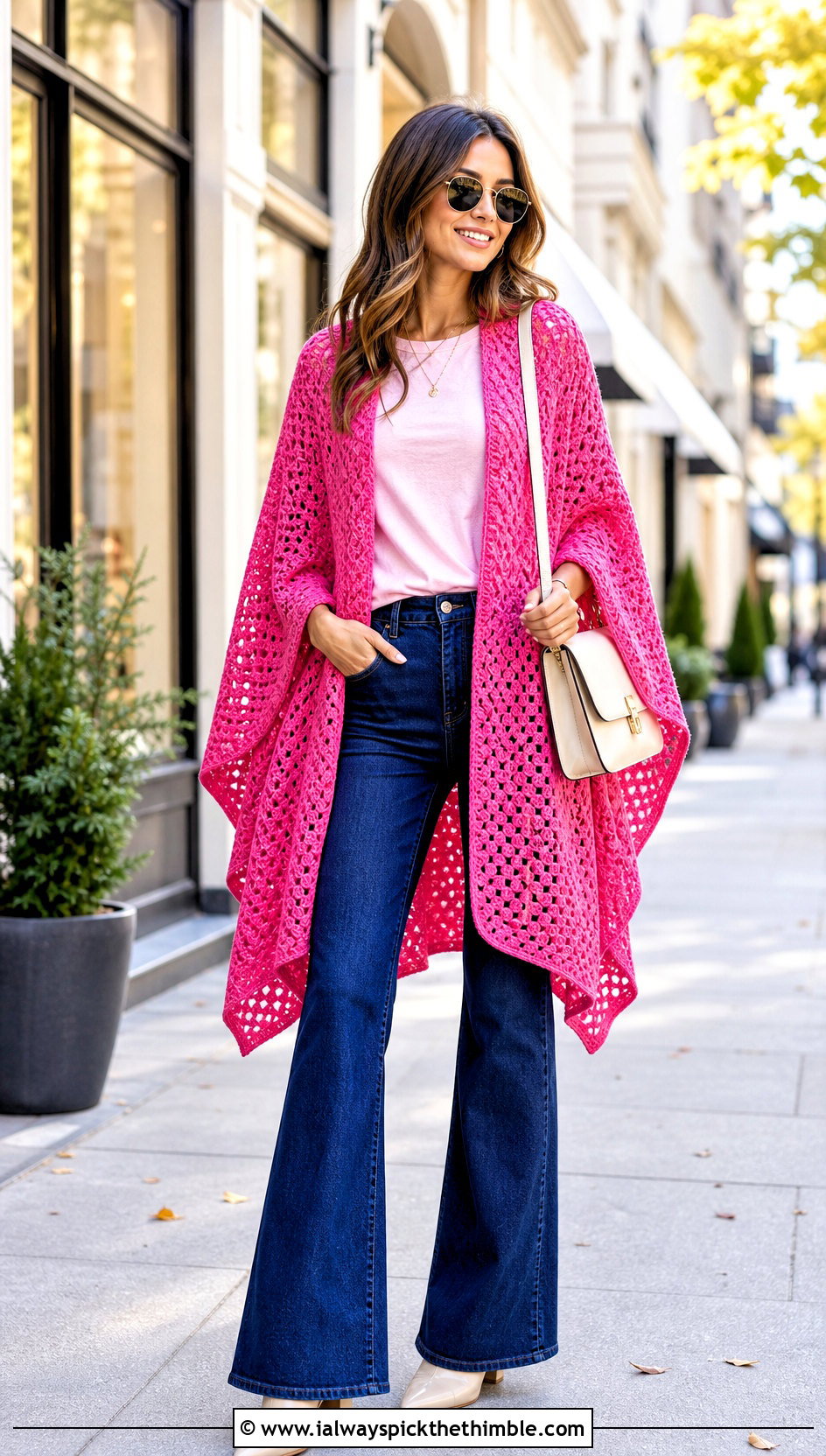 Open Front Ruana Crochet Poncho With Flare Jeans - 20 crochet poncho for women outfit ideas