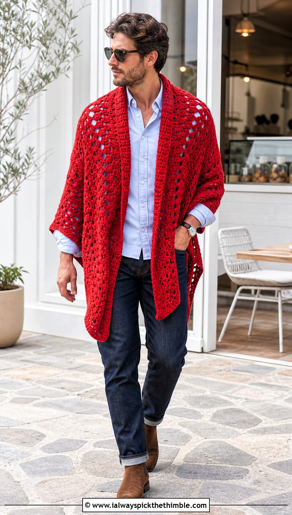 Open Front Ruana Crochet Poncho With Oxford Shirt - 20 men crochet poncho outfit ideas