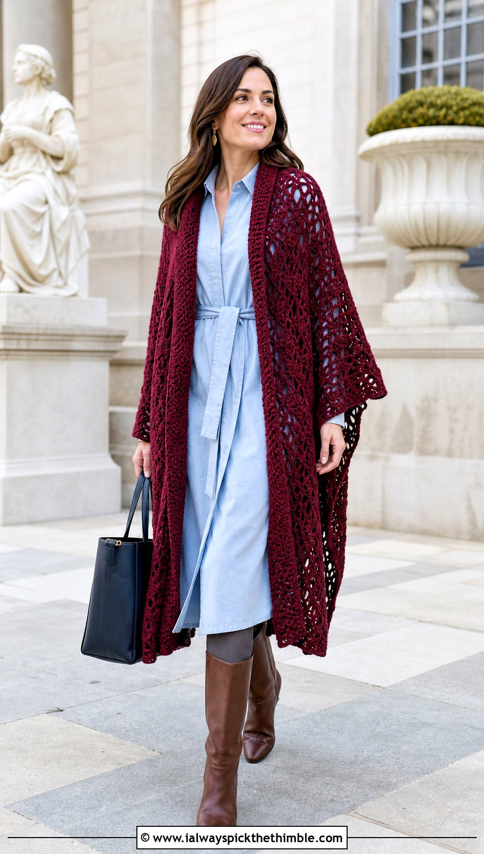 Open Front Ruana Crochet Poncho With Shirt Dress - 20 woman winter crochet poncho outfit ideas