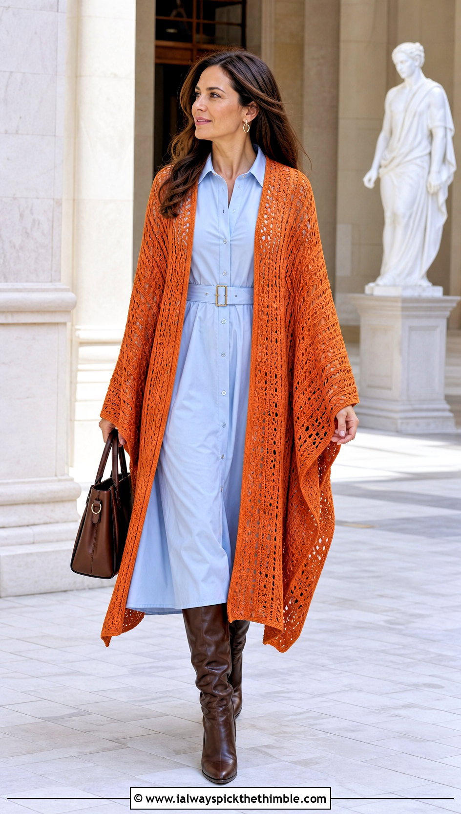 Open Front Ruana Crochet Poncho With Shirt Dress - 20 Simple Crochet Poncho outfit ideas