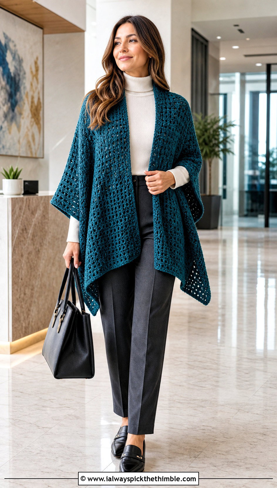 Open Front Ruana Crochet Poncho With Tailored Trousers - 15 Winter Crochet Poncho outfit ideas