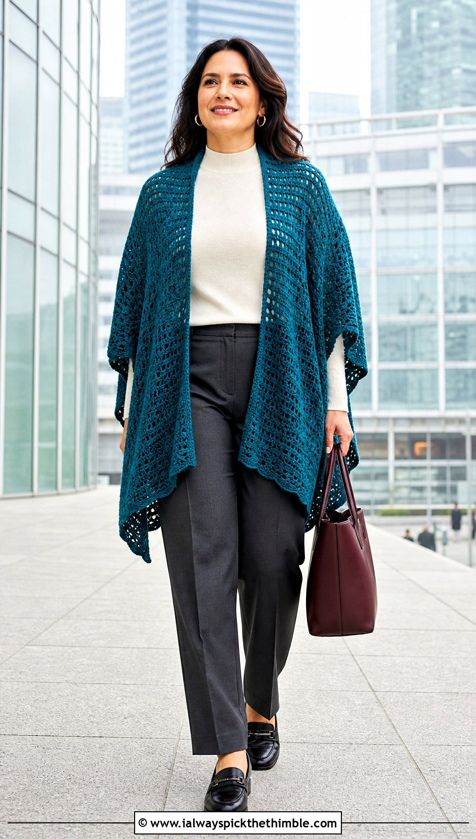 Open Front Ruana Crochet Poncho With Tailored Trousers - 15 Lightweight Crochet Poncho outfit ideas
