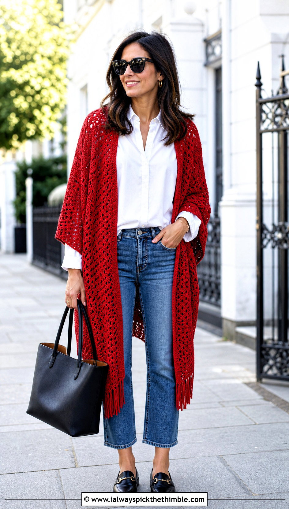Open Front Ruana Crochet Poncho With White Shirt And Jeans - 25 crochet poncho outfit ideas