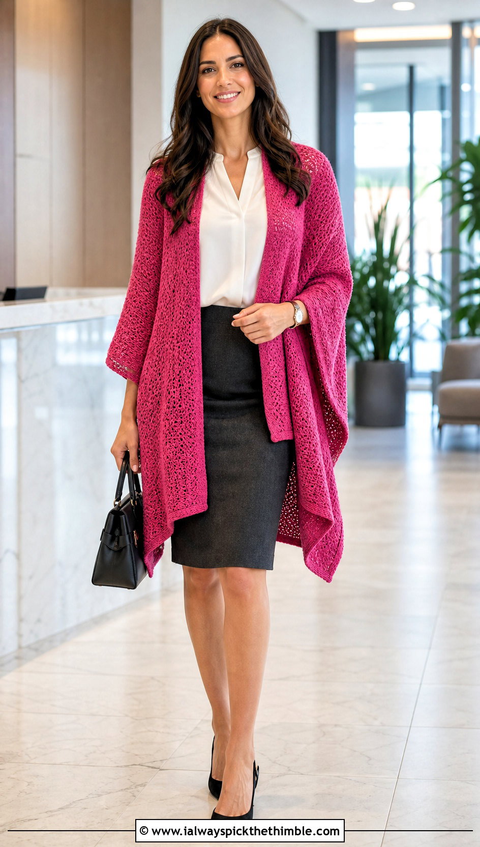 Open Front Ruana Crocheted Poncho With Pencil Skirt - 15 Crocheted Poncho outfit ideas