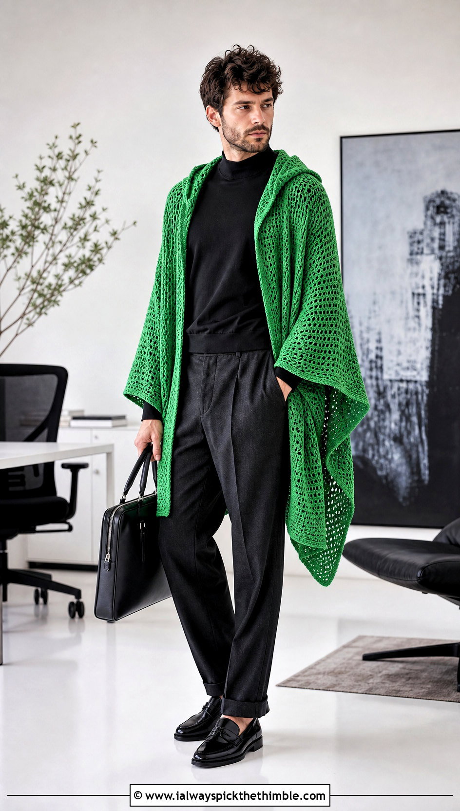 Open Front Ruana Hooded Crochet Poncho With Tailored Trousers - 15 mens hooded crochet poncho outfit ideas