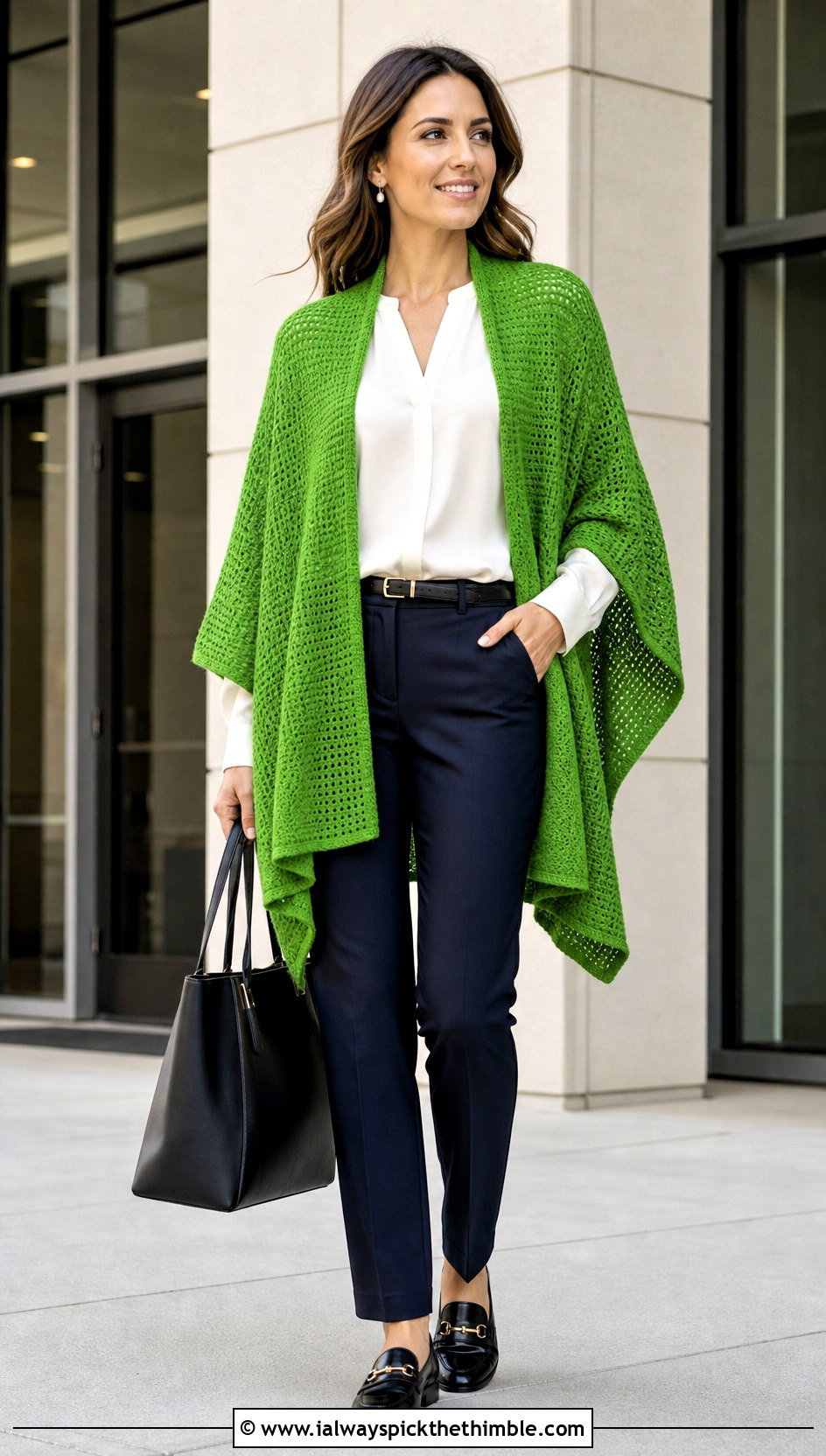 Open Front Ruana Poncho Sweater With Office Pants - 25 crochet poncho sweater outfit ideas