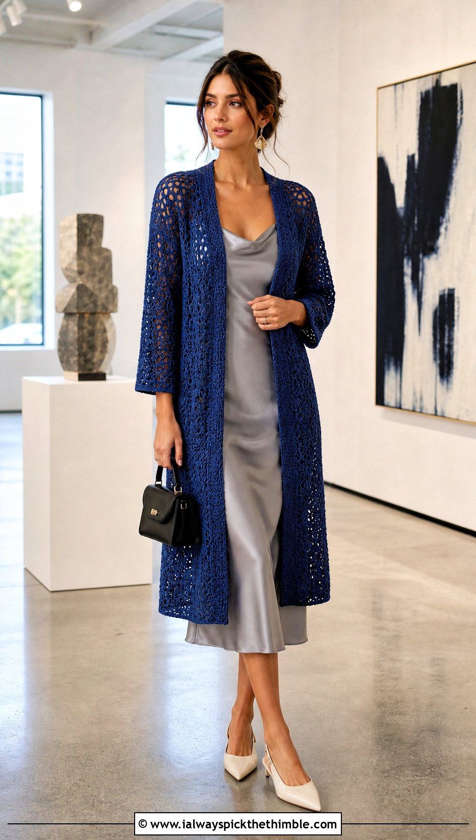 Open Front Sally Cardigan With Satin Slip Dress - 20 Crochet Sally Cardigan outfit ideas