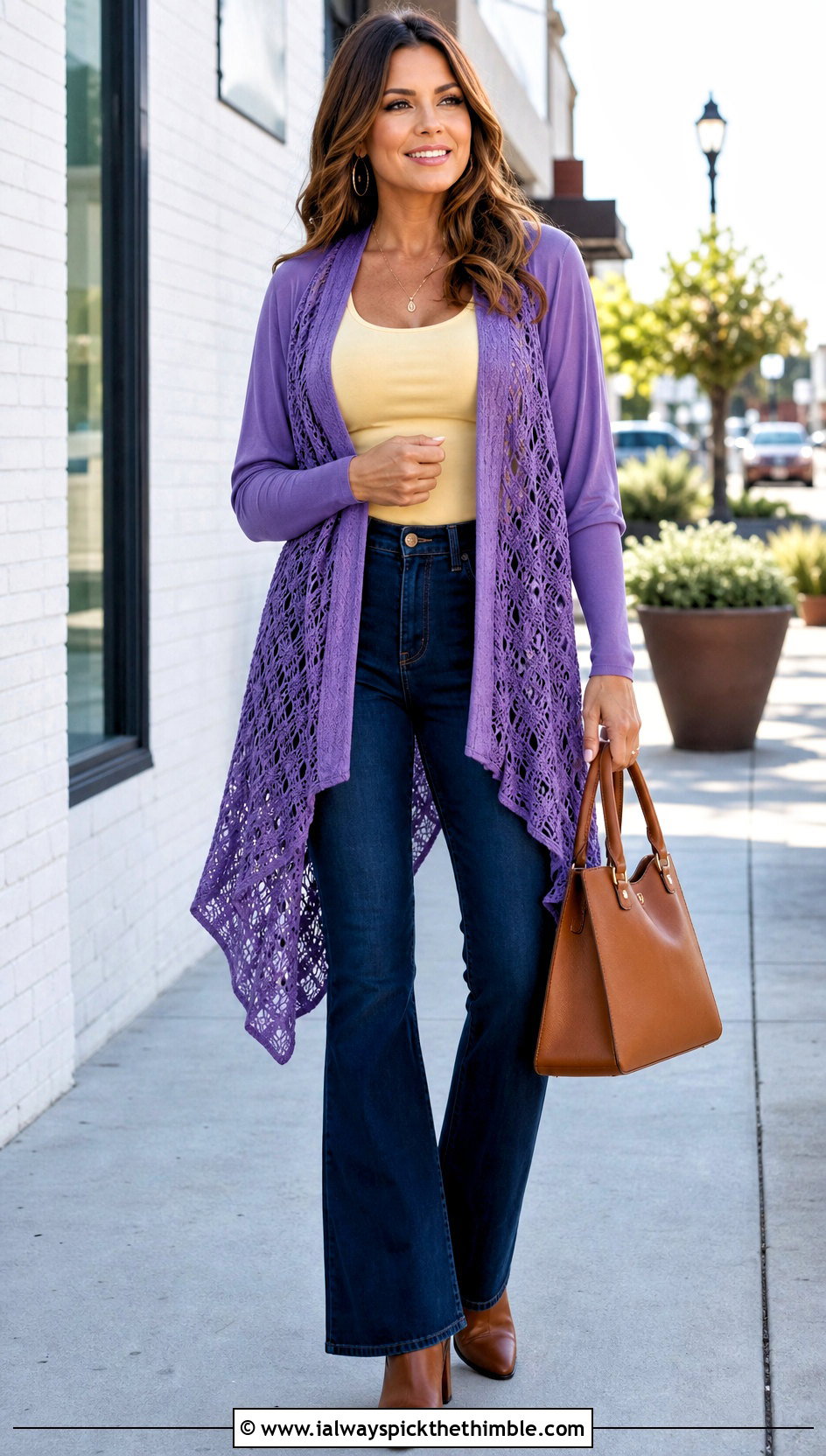Open Front Shawl Double Sleeve Scarf With Flared Jeans - 20 crochet double sleeve scarf outfit ideas