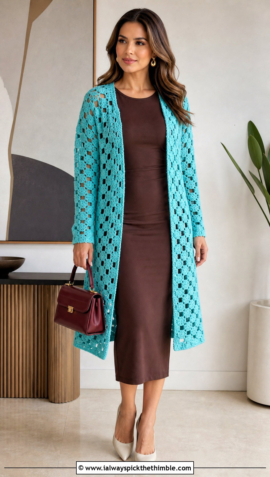 Open Front Solid Hexagon Cardigan With Column Dress - 20 crochet solid hexagon cardigan outfit ideas