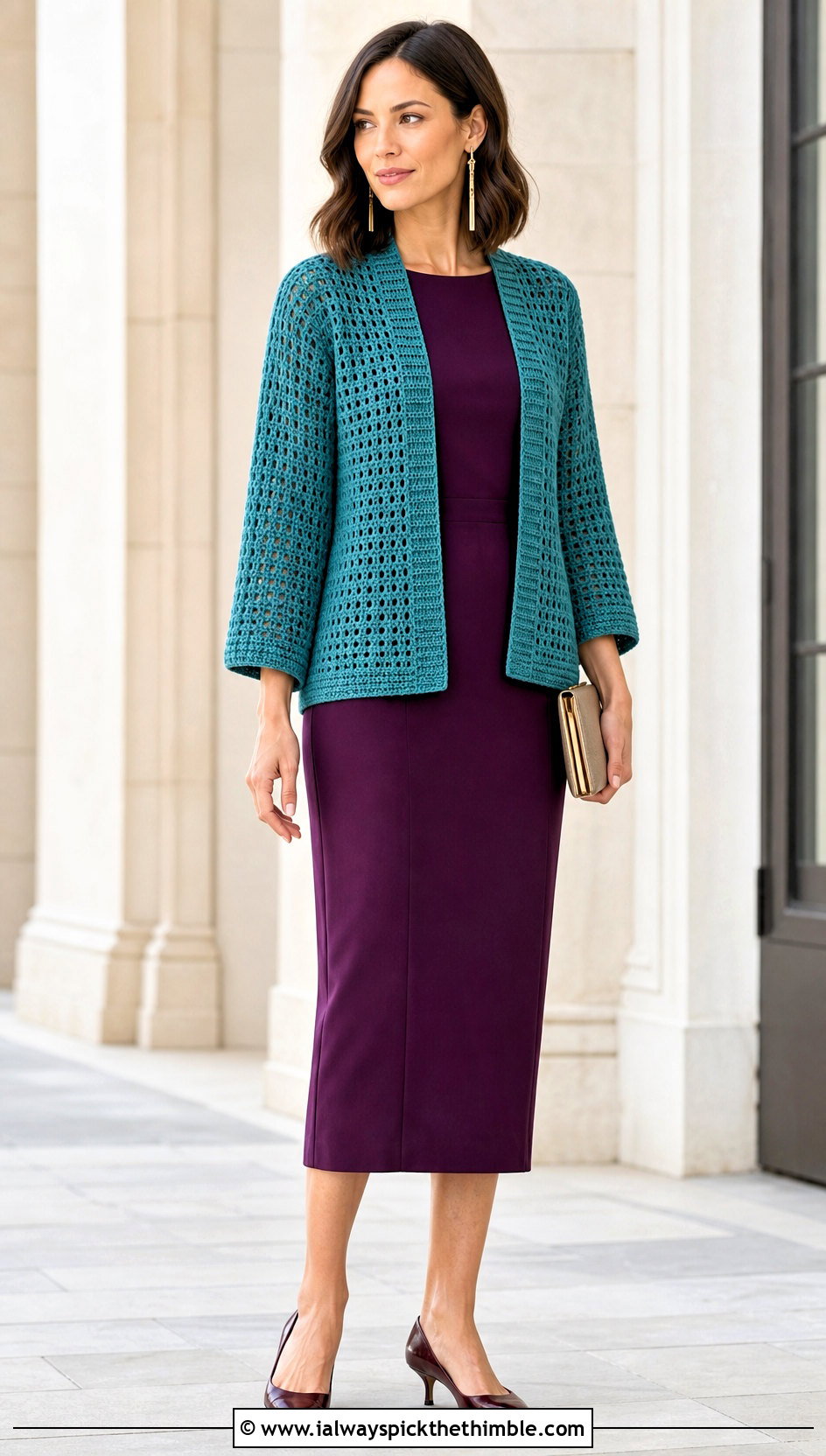 Open Front Square Cardigan With Column Dress - 20 crochet square cardigan outfit ideas