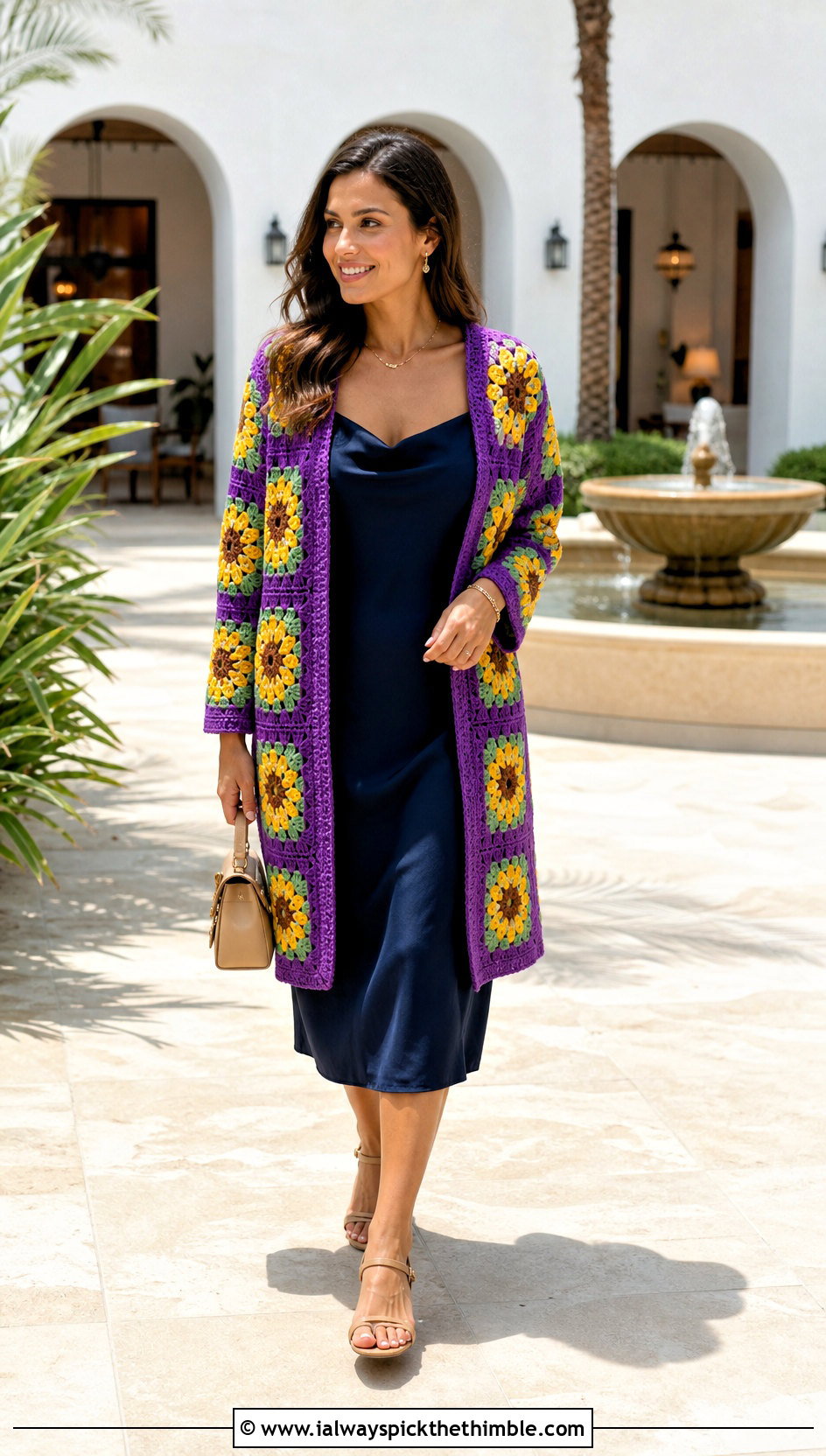 Open Front Sunflower Cardigan With Slip Dress - 25 crochet sunflower sweater outfit ideas