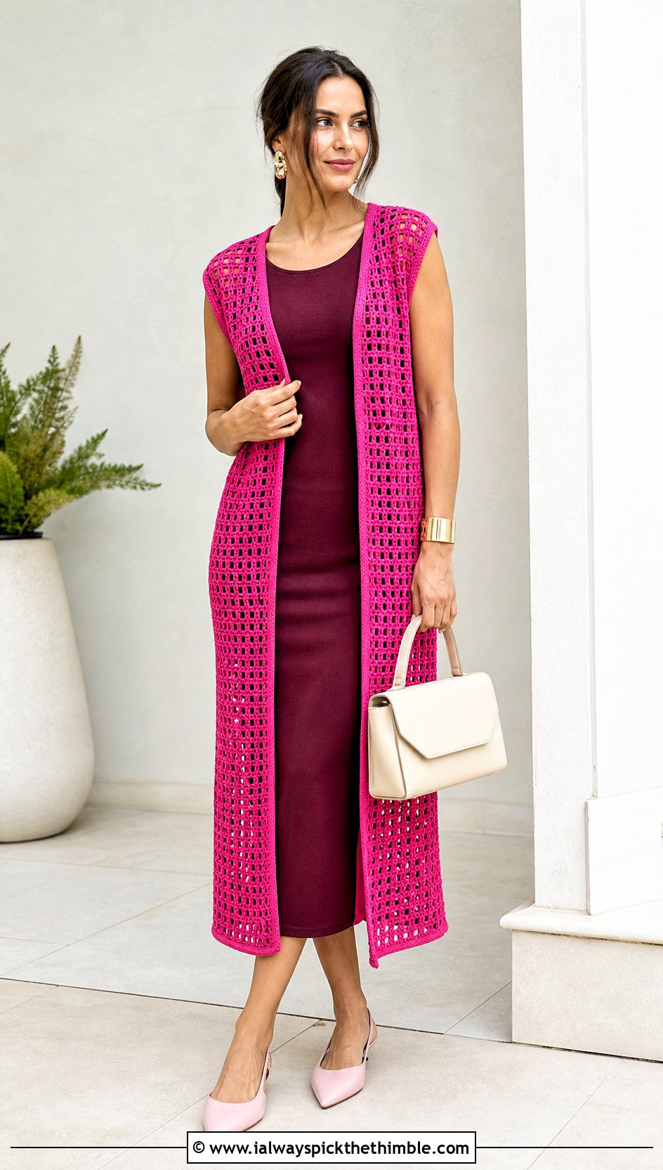 Open Front Trellis Crochet Mesh Vest With Column Dress - 25 crochet mesh vest outfit ideas