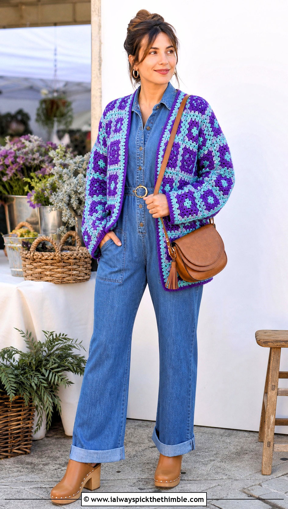 Open Front Two Color Granny Square Cardigan With Denim Jumpsuit - 20 Two Granny Square Cardigan outfit ideas