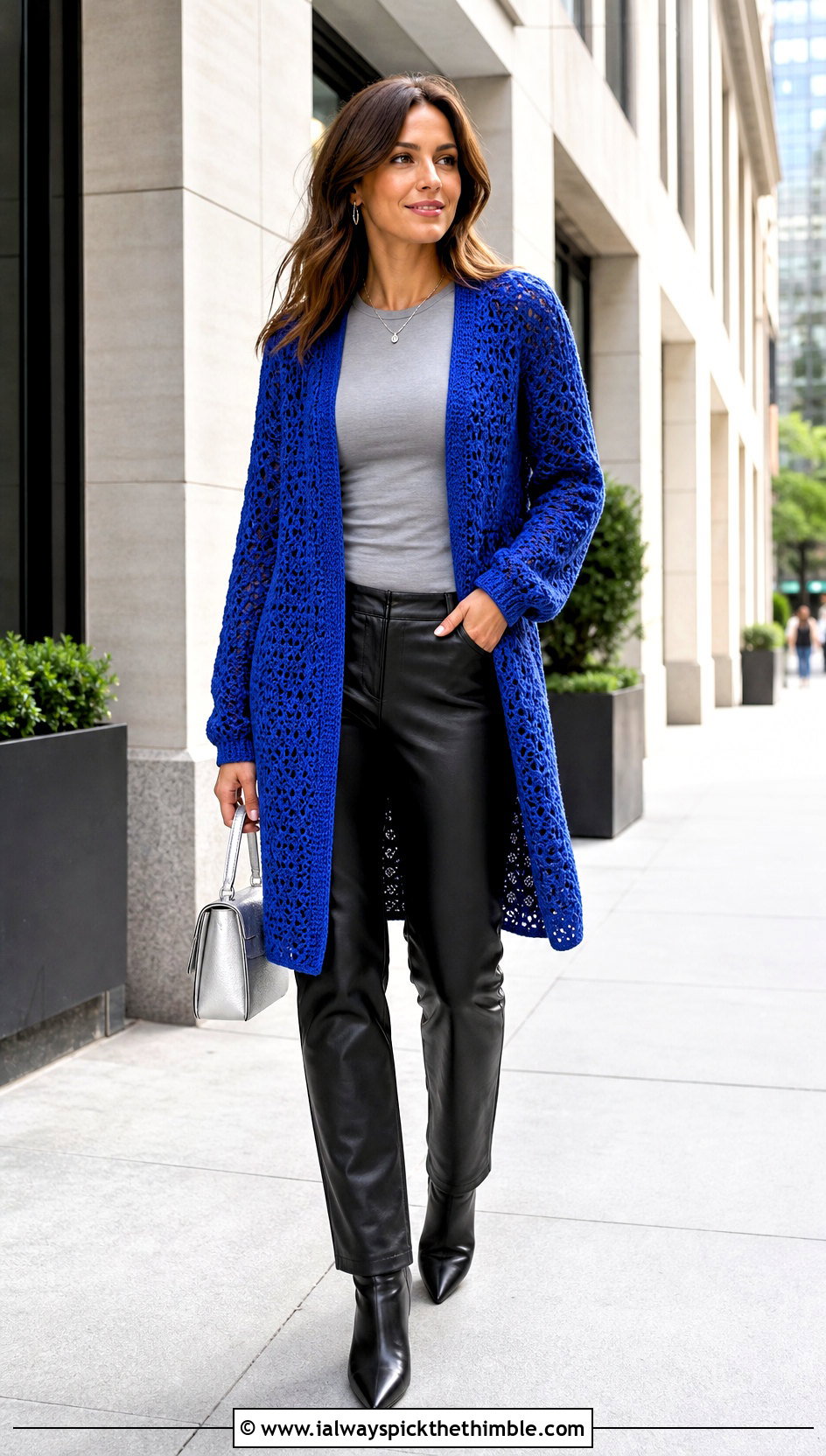 Open Front V Stitch Cardigan With Leather Pants - 20 Crochet V Stitch Cardigan outfit ideas