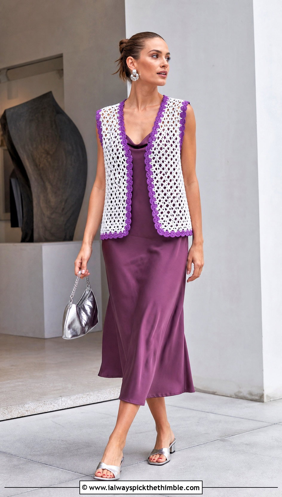 Open Front White Crochet Vest With a Slip Dress - 25 white crochet vest outfit ideas