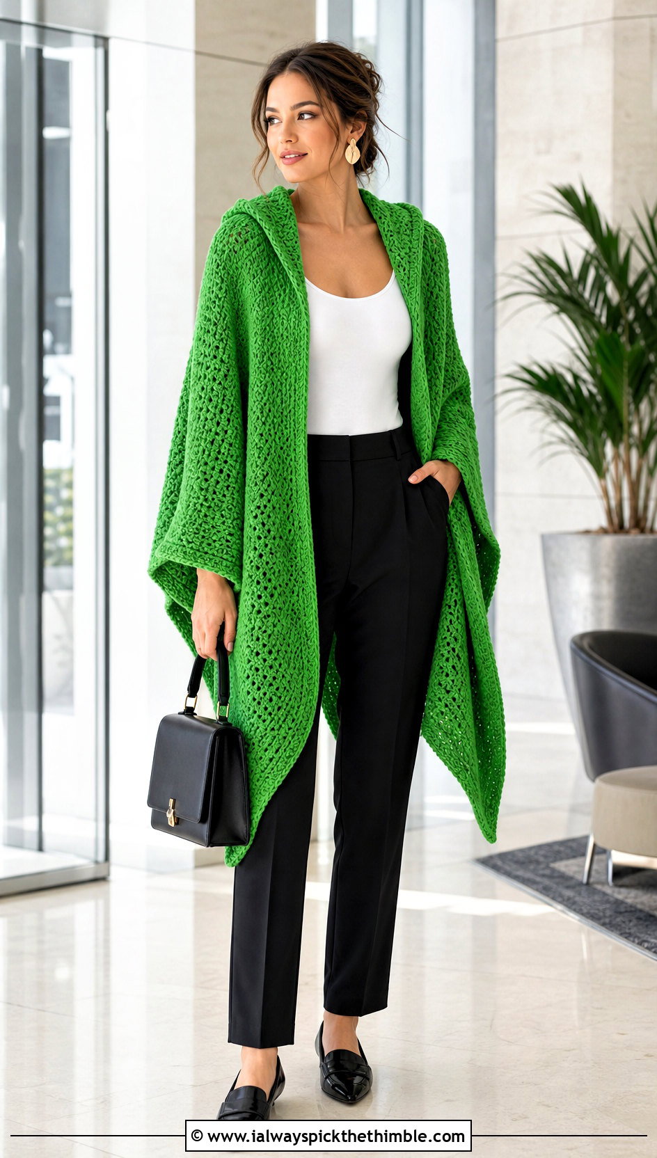 Open Front Wrap Crochet Hoodie Blanket With Tailored Trousers - 20 crochet hoodie blanket outfit ideas