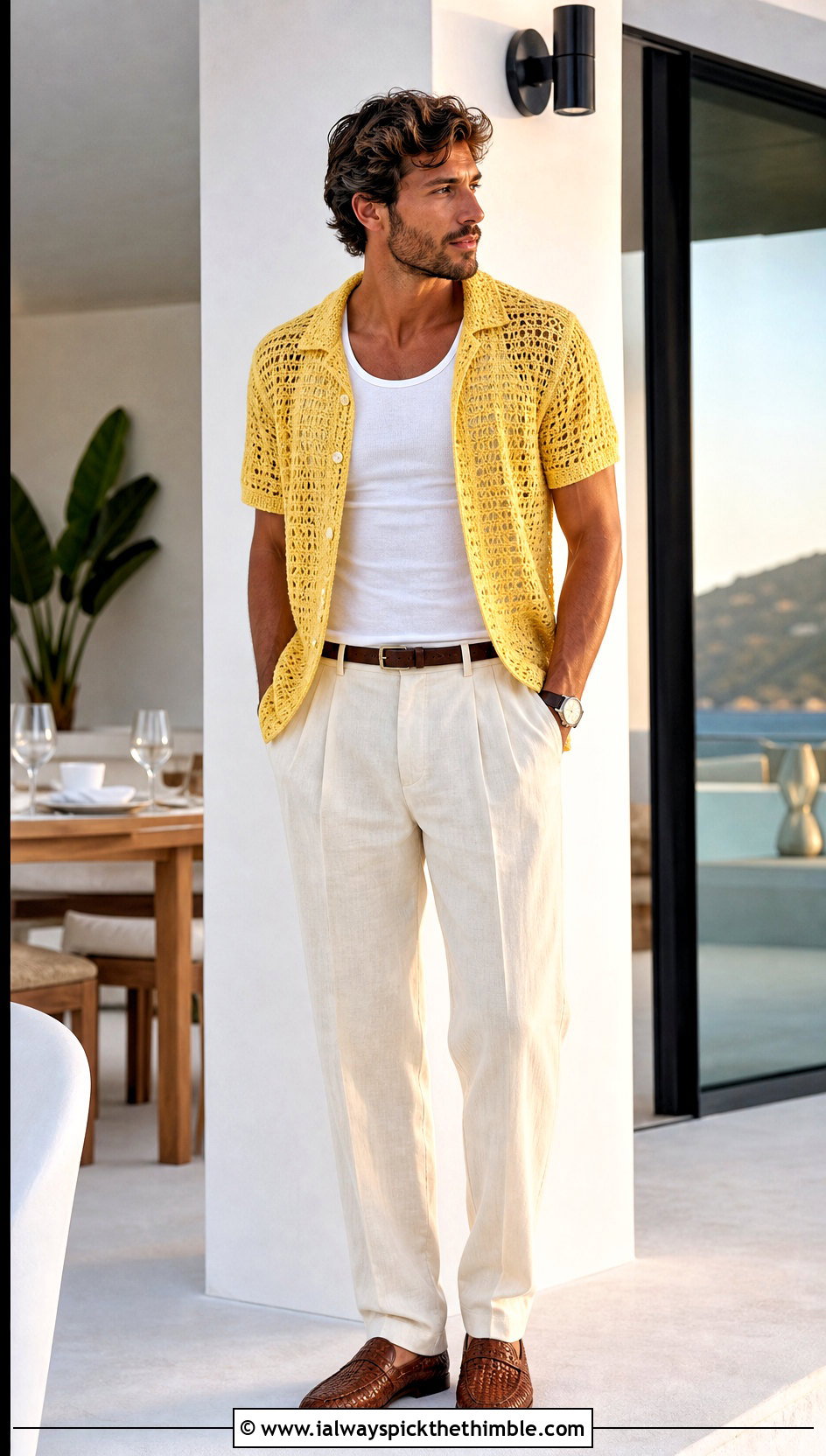 Open Knit Camp Collar Crochet Shirt With Linen Trousers - 25 crochet shirts for men outfit ideas