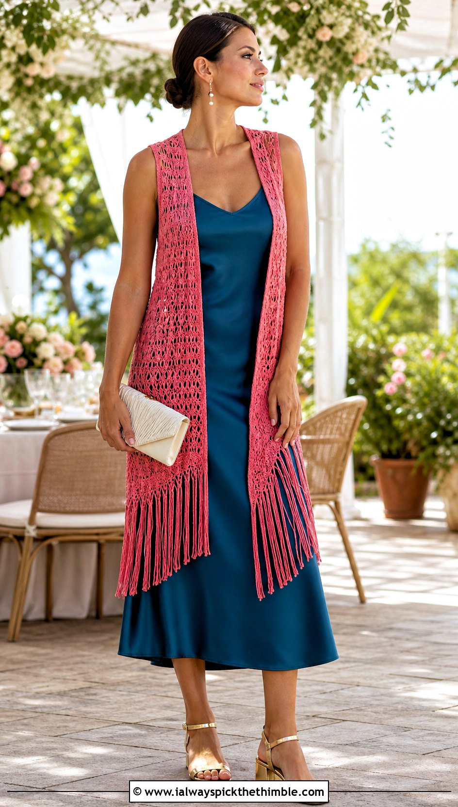 Open Knit Coral Fringe Vest With Satin Midi Dress - 15 coral fringe vest in knit crochet boho style outfit ideas