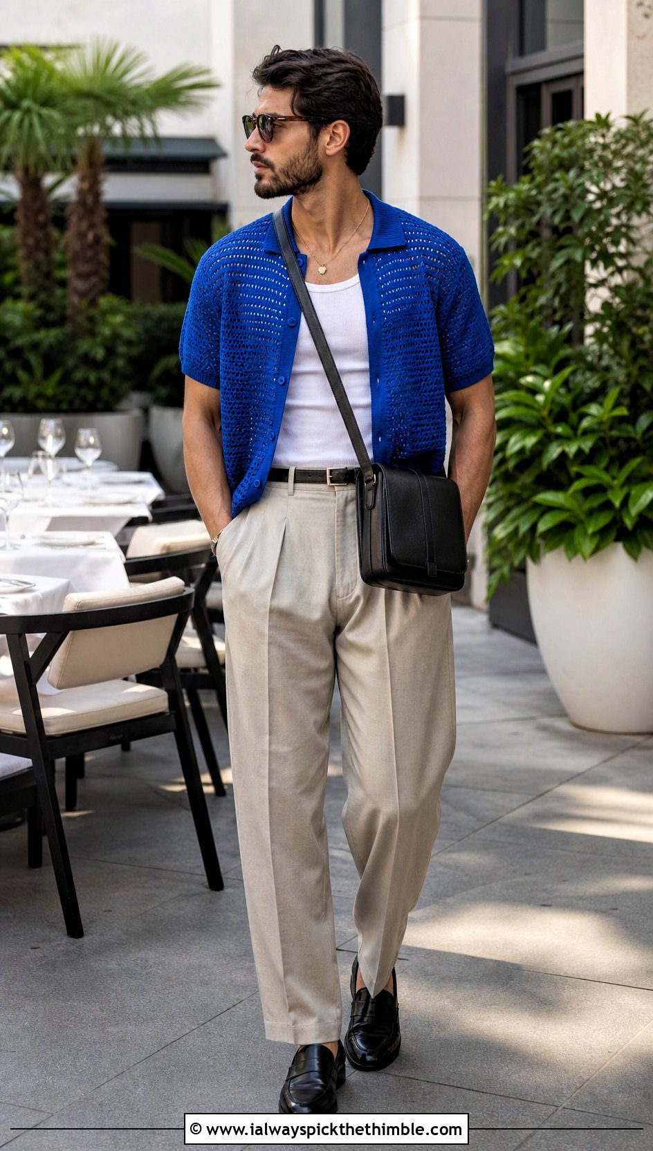 Open Knit Crochet Camp Shirt With Pleated Trousers - 20 Crochet Guys Clothes and outfit ideas