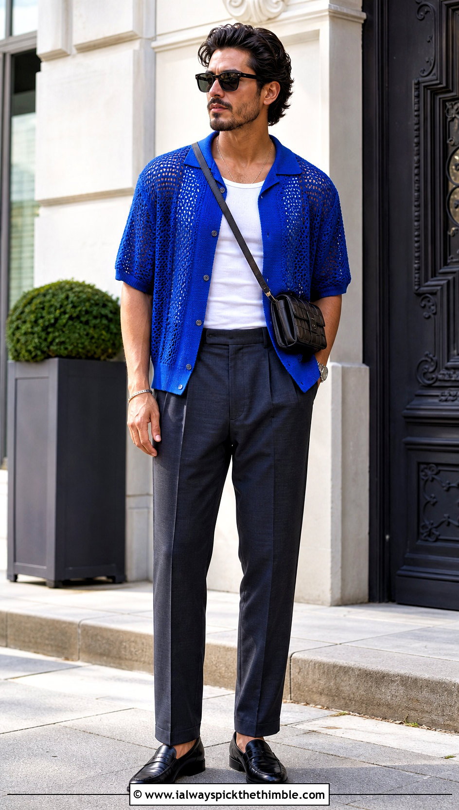 Open Knit Crochet Camp Shirt With Pleated Trousers - 25 crochet outfits for men outfit ideas