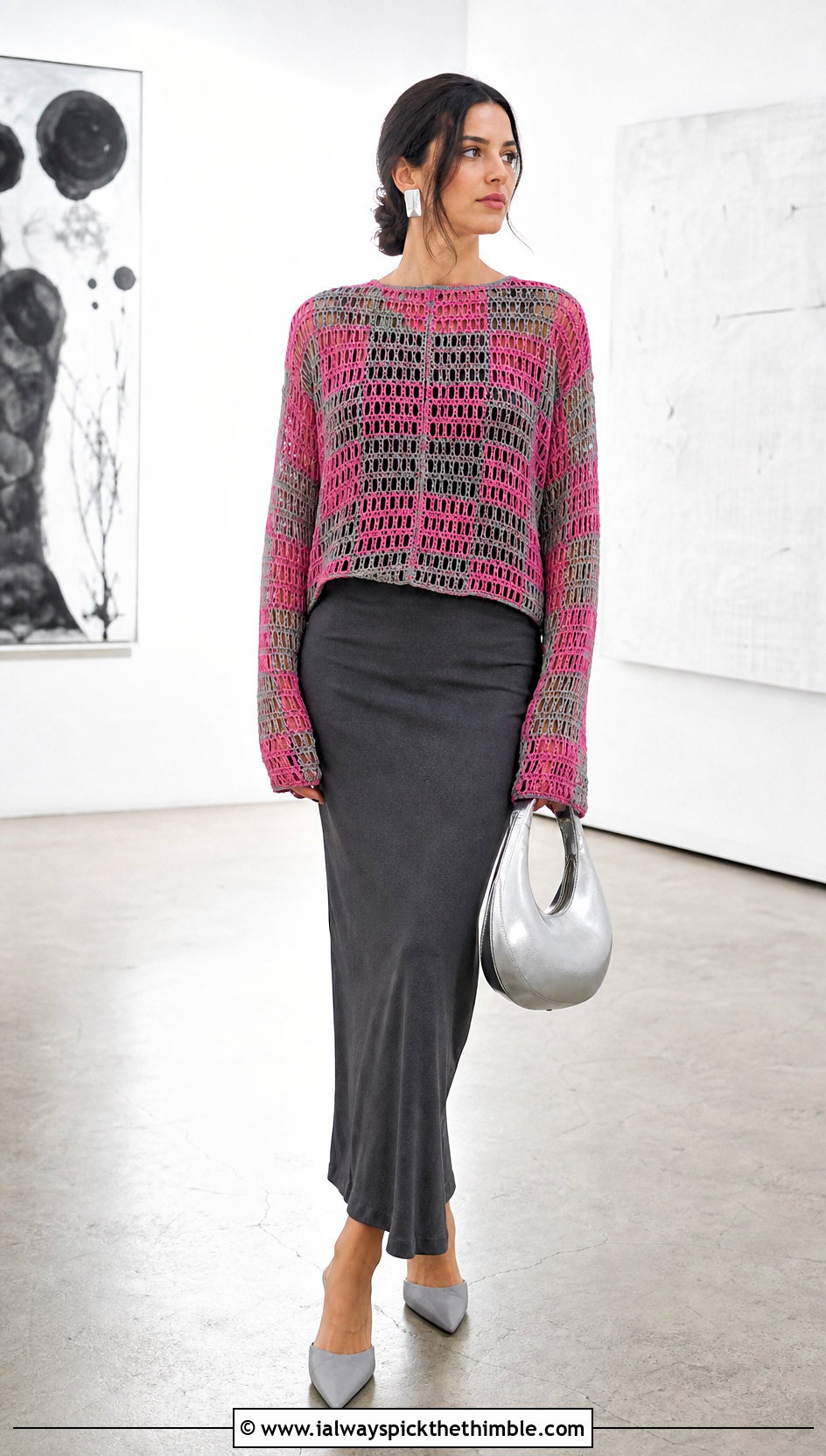 Open Knit Crochet Gingham Sweater With Column Dress - 20 Crochet Gingham Sweater outfit ideas