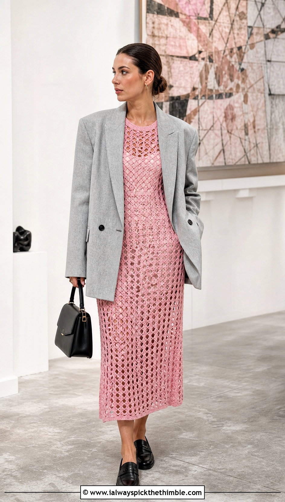 Open Knit Crochet Midi Dress With Blazer And Loafers - 20 crochet apparel and outfit ideas