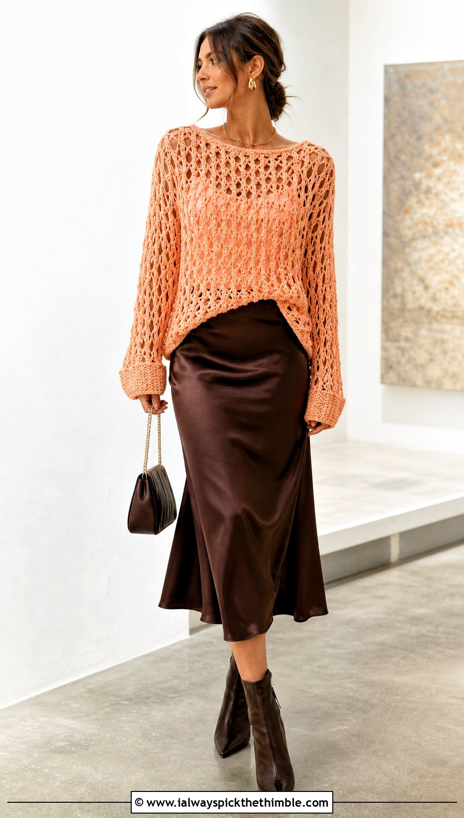 Open Knit Crochet Pullover With Satin Midi Skirt - 20 Fall Crochet Outfit Ideas