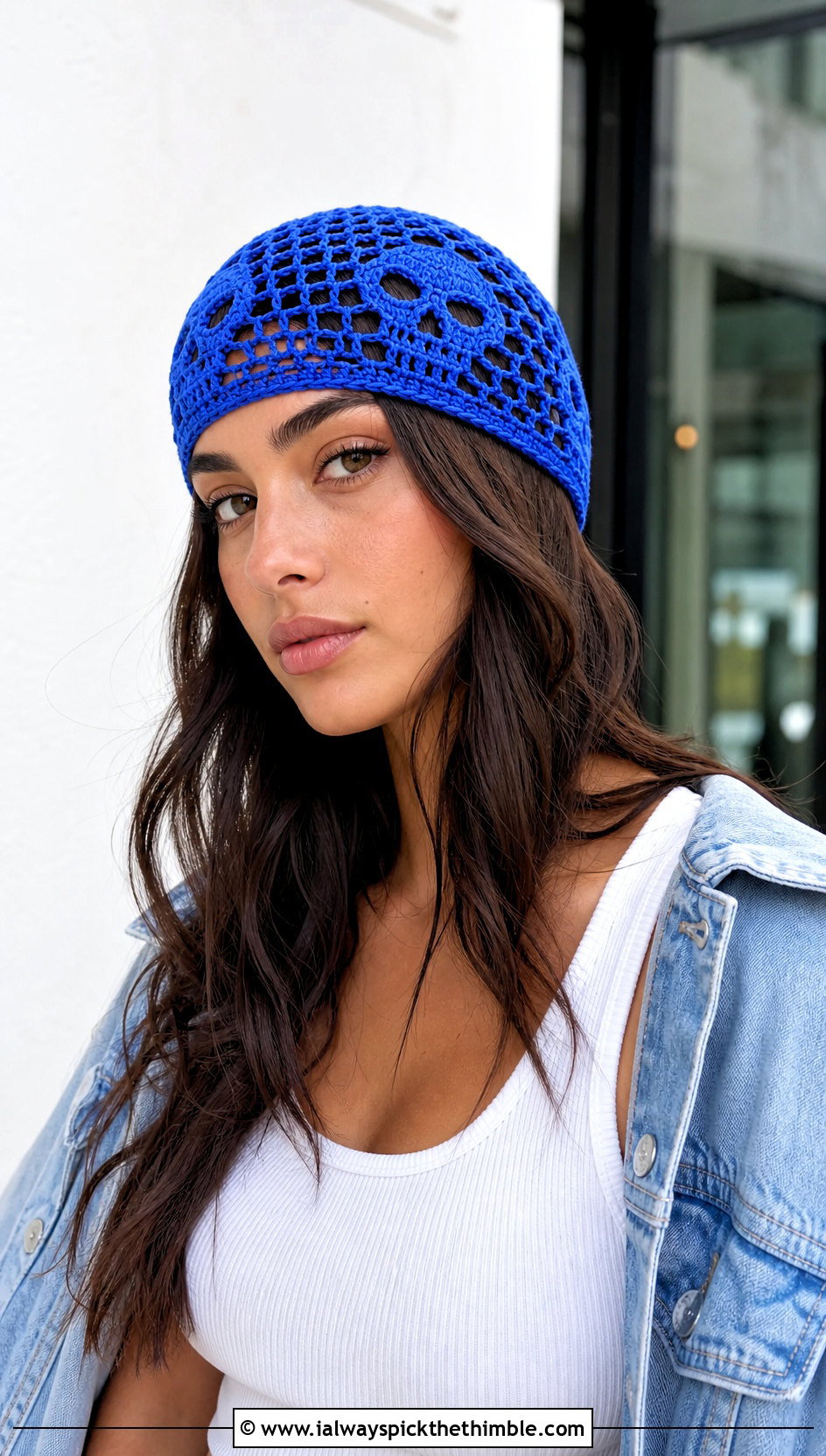 Open Knit Crochet Skullcap Beanie With Tank And Jeans - 20 crochet skull beanie outfit ideas