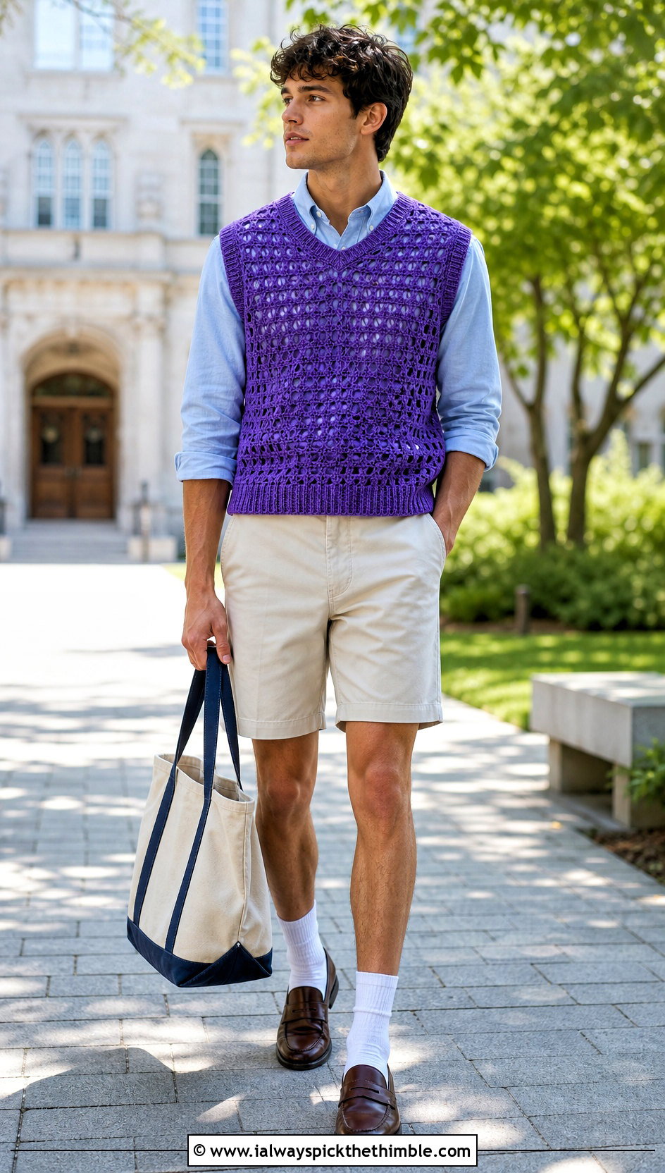 Open Knit Crochet Sweater Vest With Oxford Shirt - 20 crochet men's clothes and outfit ideas