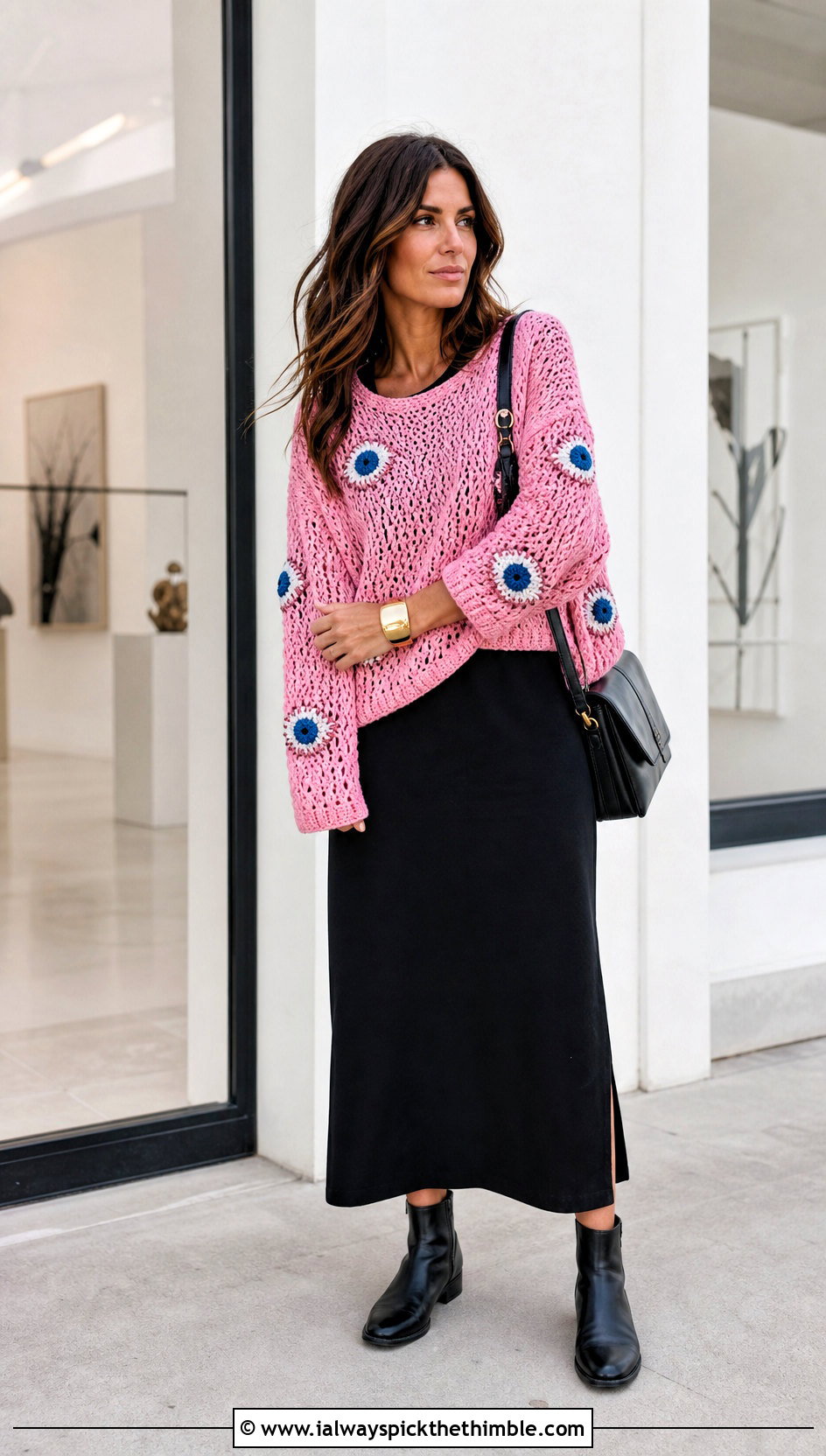 Open Knit Evil Eye Sweater With Sleeveless Column Dress - 20 Evil Eye Crochet Sweater outfit ideas