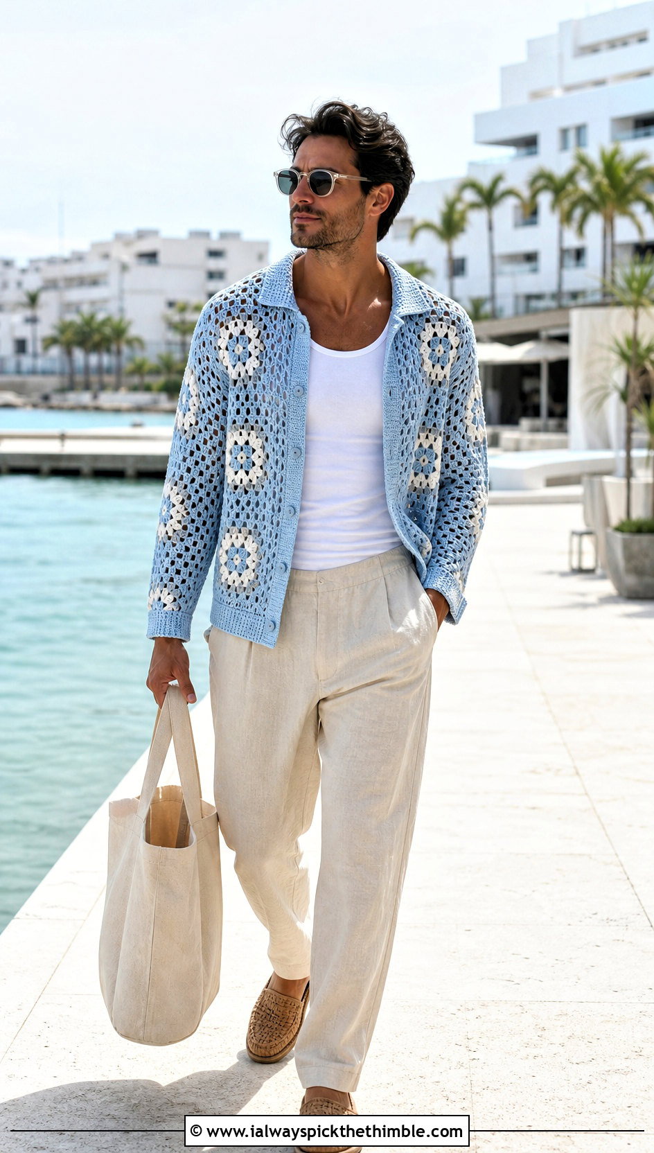 Open Knit Granny Square Sweater With Linen Pants - 20 Crochet Granny Square Sweater For Men outfit ideas