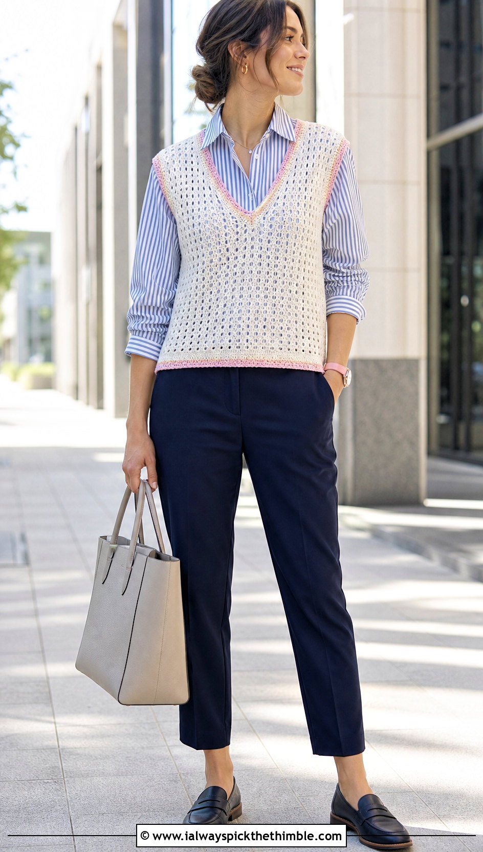 Open Knit White Crochet Vest With a Striped Shirt - 25 white crochet vest outfit ideas