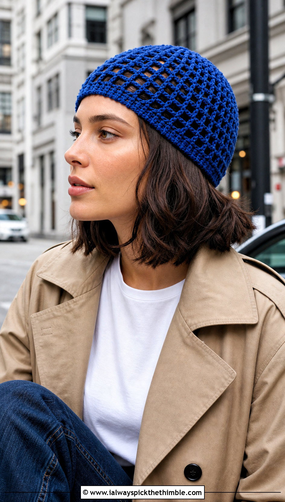 Open Lattice Crochet Lace Beanie With Trench Coat - 20 crochet lace beanie outfit ideas