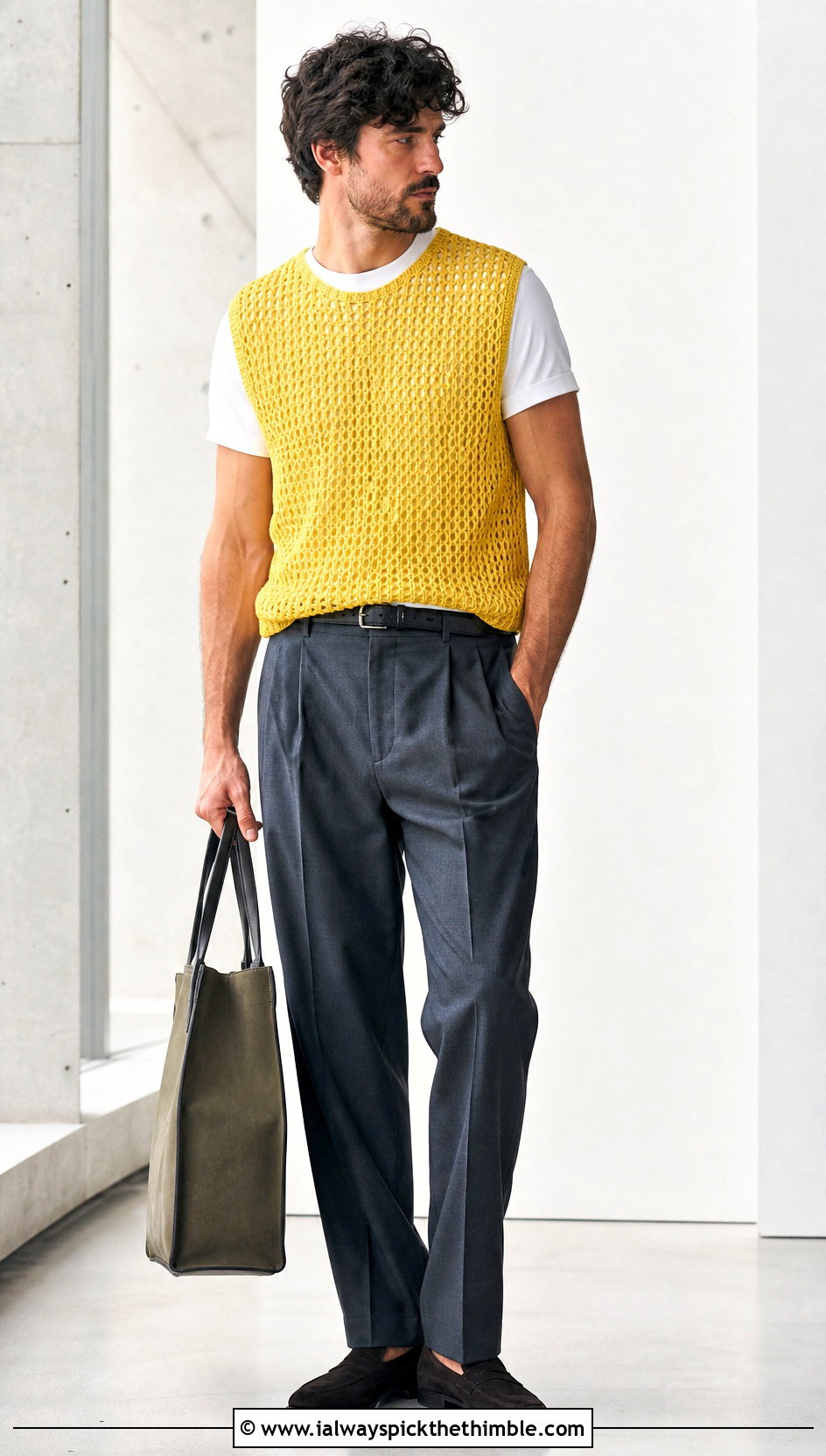 Open Mesh Crewneck Crochet Vest With Pleated Trousers - 25 crochet vest for men outfit ideas