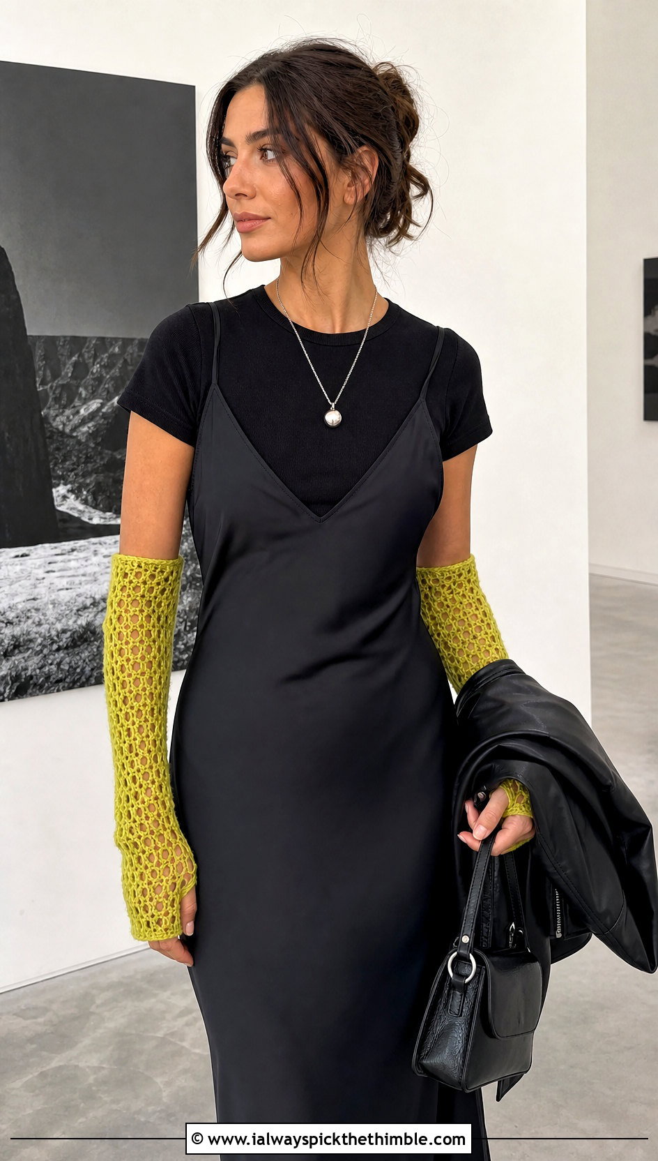 Open Mesh Crochet Arm Warmers With Slip Dress And Boots - 25 crochet arm warmers outfit ideas