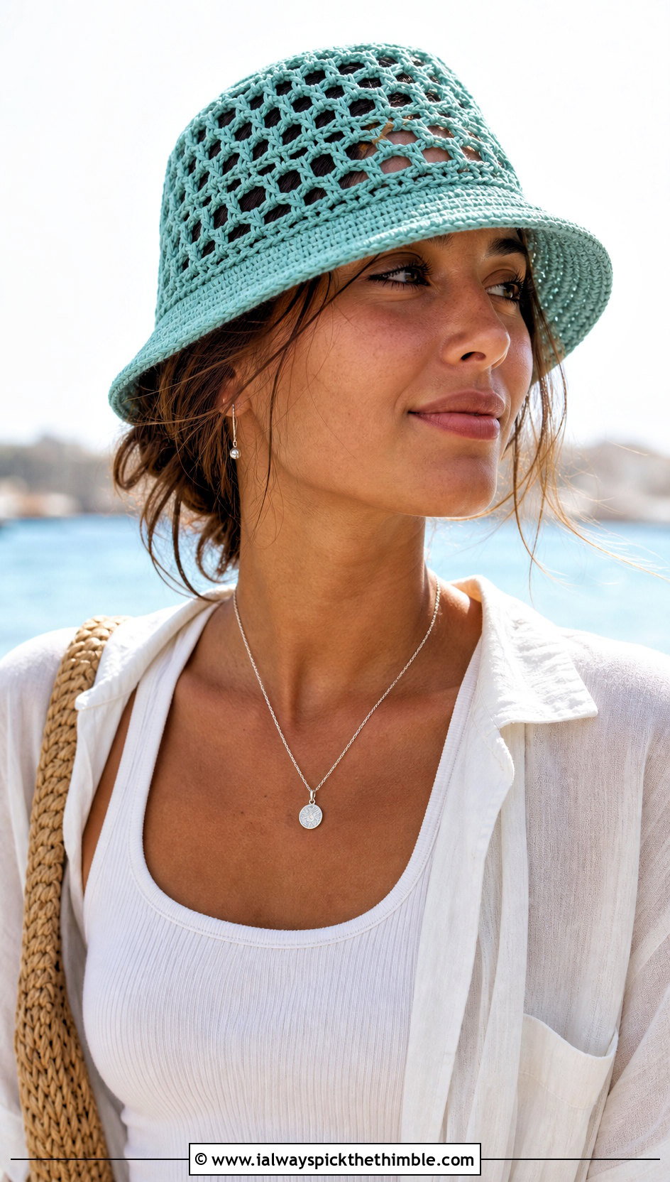 Open Mesh Crochet Bucket Hat With Linen Pants - 25 crochet bucket hats outfit ideas