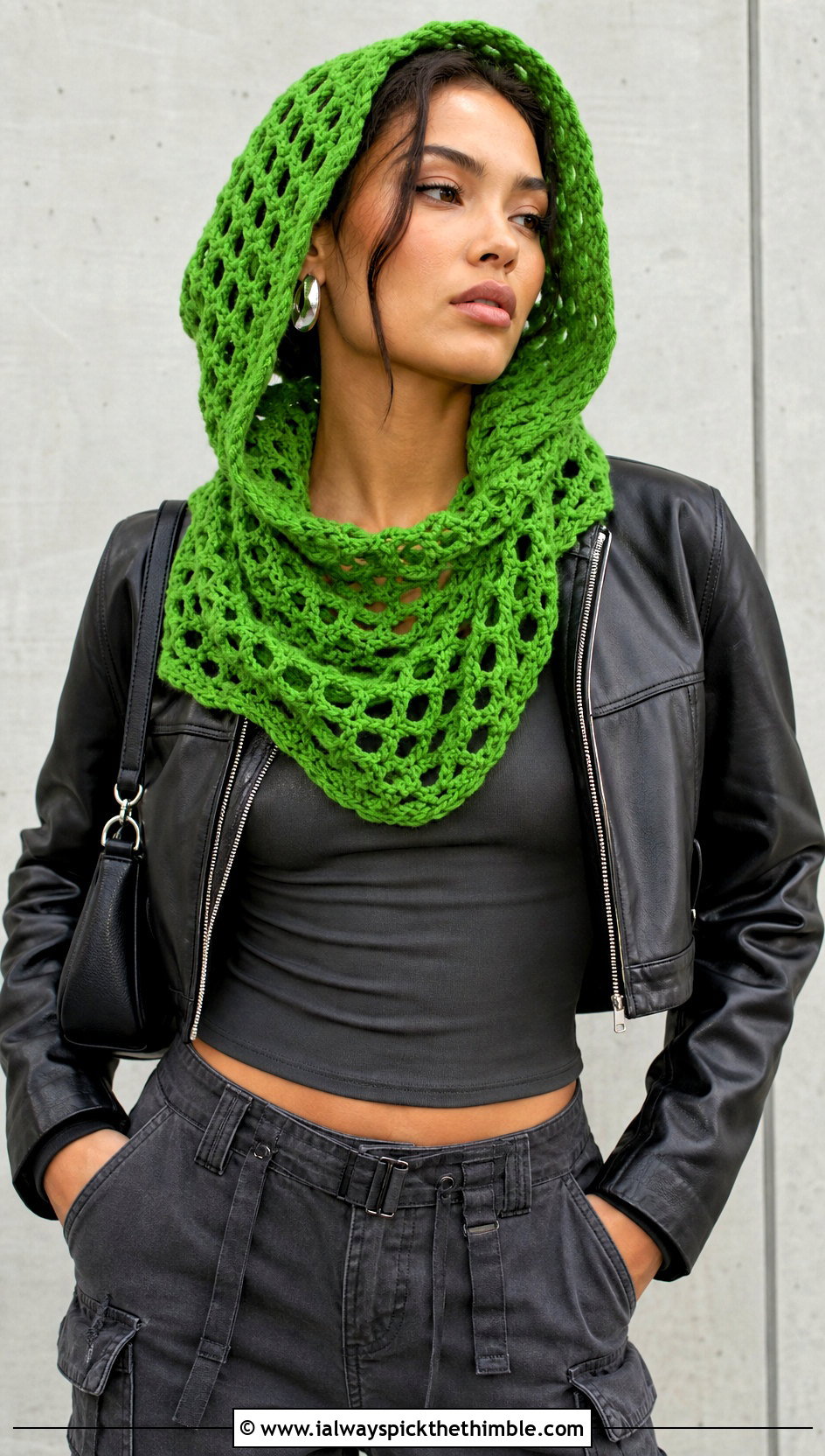 Open Mesh Crochet Cowl Hood With Leather Jacket - 20 crochet cowl hood outfit ideas