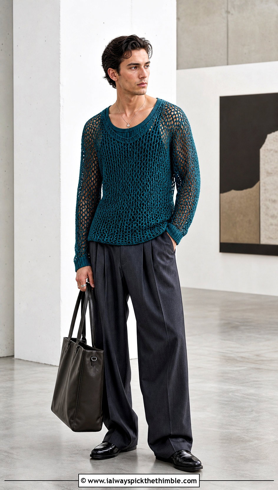 Open Mesh Crochet Jumper With Pleated Trousers - 25 men crochet jumper outfit ideas