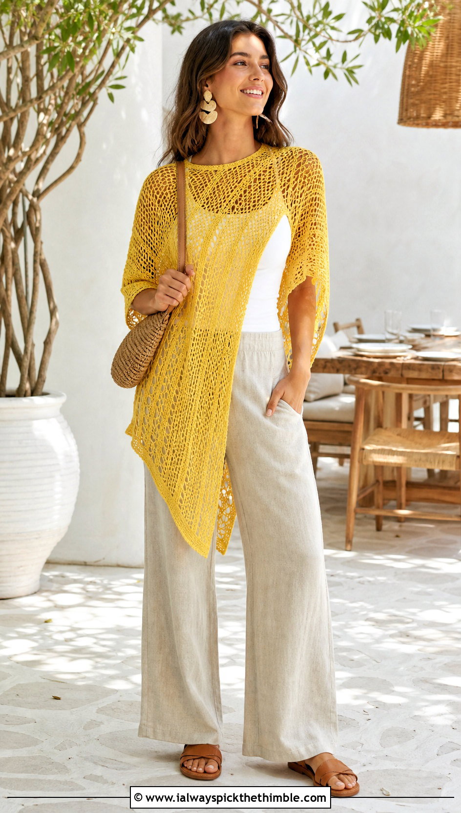 Open Mesh Crochet Poncho With Linen Pants - 20 ladies crochet poncho outfit ideas