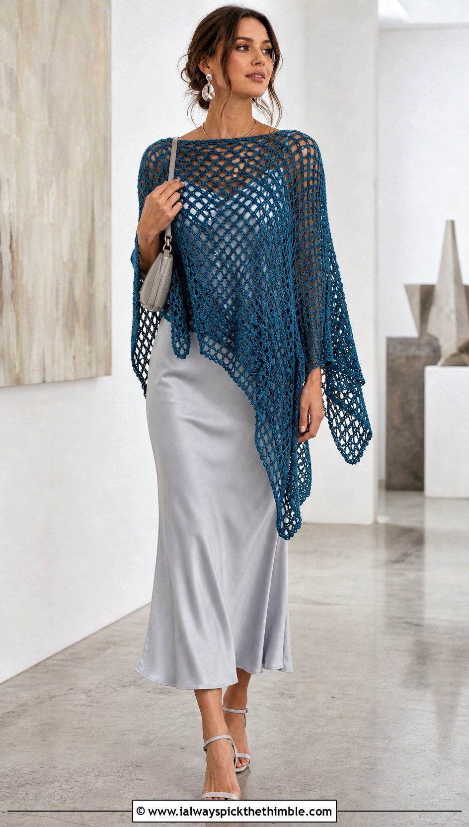 Open Mesh Crochet Poncho With Satin Slip Dress - 25 crochet poncho woman outfit ideas