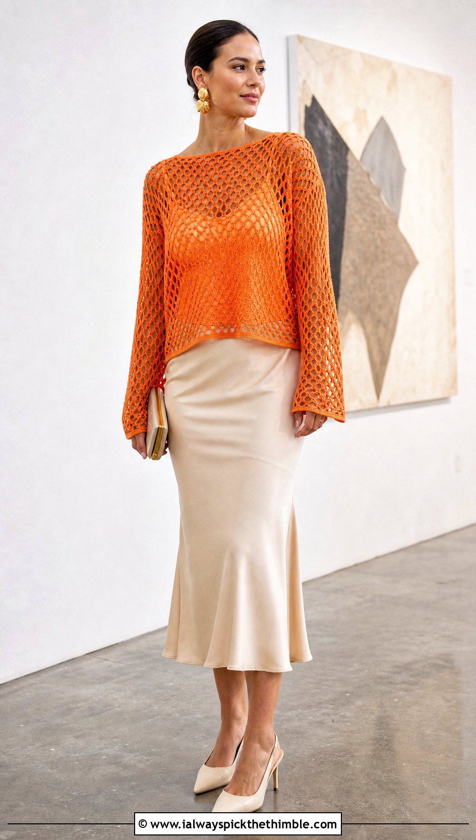 Open Mesh Crochet Pullover With Satin Midi Skirt - 15 Crochet For Ladies Sweaters outfit ideas