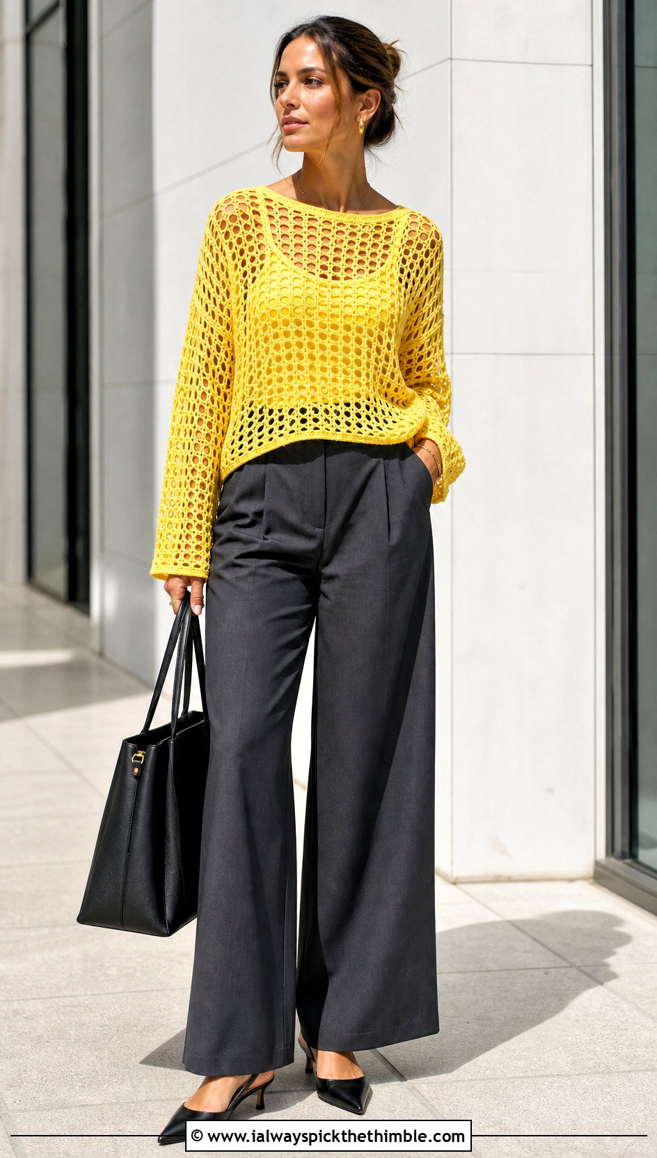 Open Mesh Crochet Pullover With Tailored Trousers - 15 Crochet Womens Sweaters outfit ideas