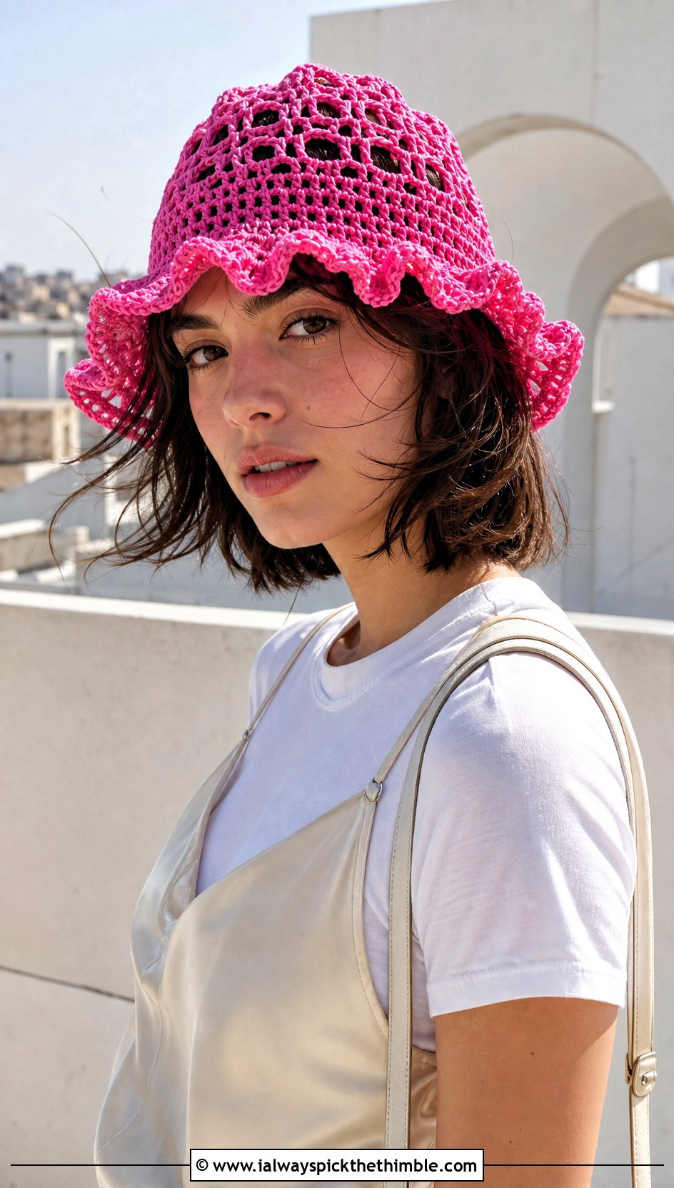 Open Mesh Crochet Ruffle Bucket Hat With Slip Dress - 25 crochet ruffle bucket hat outfit ideas