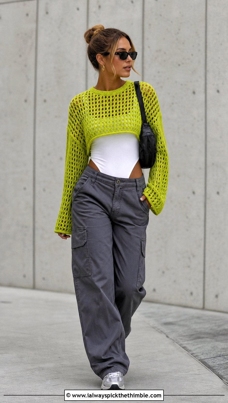 Open Mesh Crochet Sweater With Cargo Pants - 20 Comfy Crochet Sweater outfit ideas